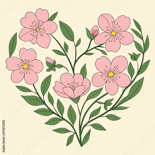 Pretty pink blossoms with delicate green leaves beautifully form a lovely heart shape