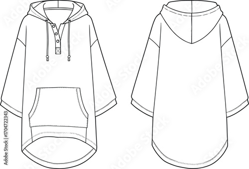 Hooded poncho front back view, kangaroo pocket, curved hem, button placket, fashion CAD drawing, flat sketch vector illustration template