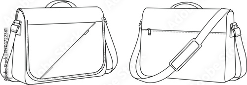 Messenger bag front and back view, technical fashion sketch, flat vector template, adjustable strap, CAD drawing, apparel design illustration