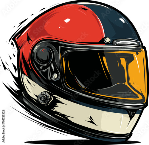 Motorcycle helmet design with vibrant colors and dynamic motion lines illustrating speed and adventure isolated on transparent background. Vector illustration.