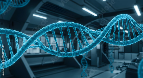Glowing Blue DNA Double Helix in Modern Science Lab - Genetic Research & Biotechnology Concept