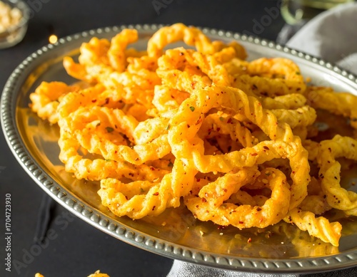 Crispy spiral snacks on a silver platter