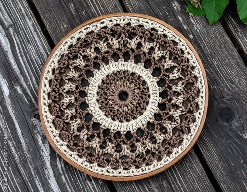 Crochet round coaster on wooden surface