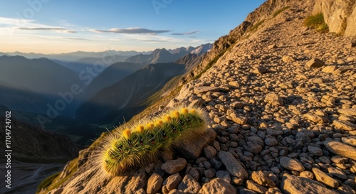 Caterpillar's high-altitude journey: a fuzzy explorer in the rocky mountain landscape
