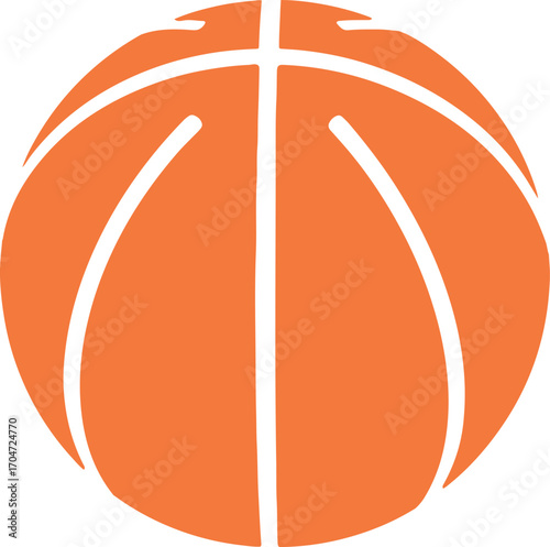 Simple flat orange basketball icon for sports and game design. Vector illustration of a round ball with white lines, perfect for athletic competition or team logos, isolated on a white background