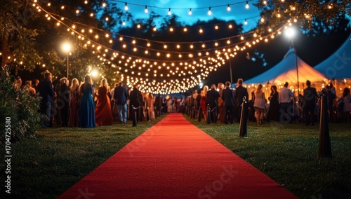 Evening outdoor event with guests in formal attire walking along a red carpet under warm string lights by a large white tent