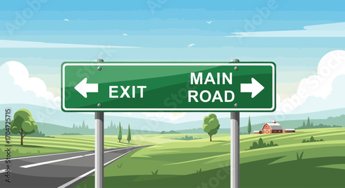 Exit or Main Road Directional Sign in Rural Landscape - Choice Concept, Decision Point, Opportunity Path