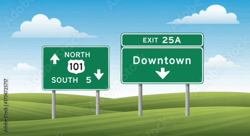 Vector Highway Signs Pointing to Downtown and Route 101, Illustration on Green Hills with Blue Sky