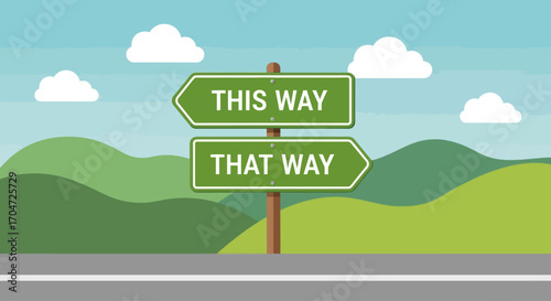 Directional Signpost with "This Way" and "That Way" choices on Road - Career Path Choices, Opportunity, Decision Making Illustration