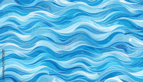 Blue watercolor ocean waves background illustration, seamless pattern for summer vibes and calming design, vector graphic