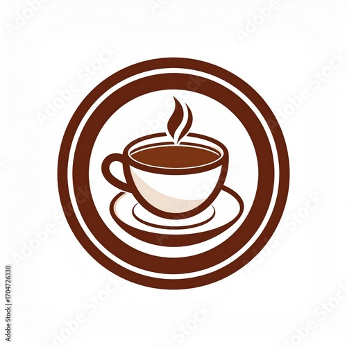 A classic brown coffee cup icon with steam, elegantly designed as a circular logo or emblem for a cafe or coffee shop brand