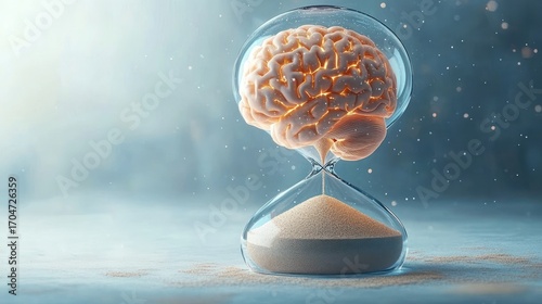 An hourglass with a human brain inside the upper chamber slowly releasing glowing sand into the lower chamber symbolizing the passage of time and mental activity