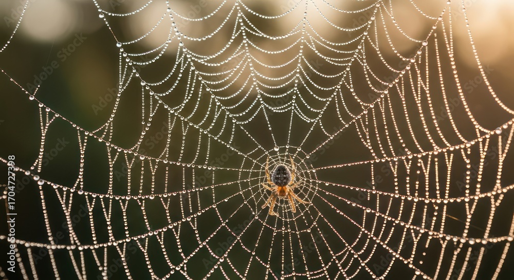 Obraz premium Delicate spiderweb adorned with dewdrops creates an ethereal visual tapestry in nature's embrace
