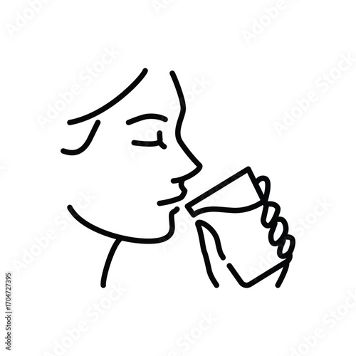 Woman drinking a glass of water icon. Simple outline style. Drink, mouth, face, person, girl, people, hand, skin, thirst, perfect, thirsty concept. Thin line symbol. Isolated design.