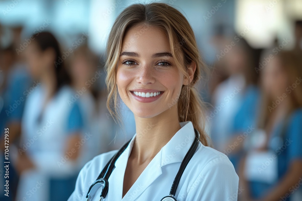 Fototapeta premium Smiling young female healthcare professional wearing a white coat and stethoscope standing confidently with blurred medical staff in the background