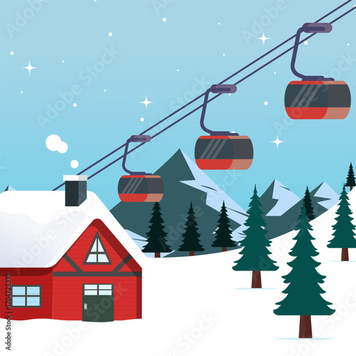 Red Ski Lift Gondolas moving in Snow Mountains. Winter Scene Illustration.
