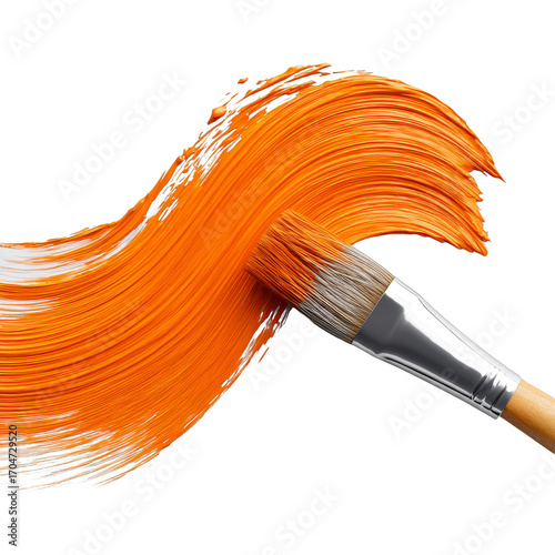 An orange paint stroke made by a paintbrush on a white background, showcasing the texture and application of paint.