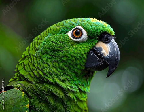 Close-up portrait of a vibrant green parrot