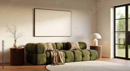 Modern Living Room Interior Design Olive Green Sofa Mockup