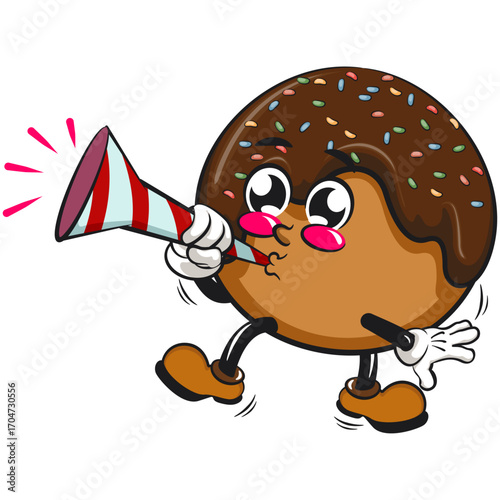 cute chocolate ball mascot character vector illustration blow the party horn trumpet, work of hand drawn