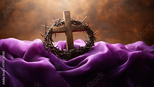 wooden cross surrounded by thorny crown placed on rich purple fabric with warm brown background symbolizing solemn and spiritual theme