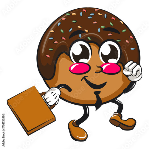 cute chocolate ball mascot character vector illustration wearing a tie and carrying a suitcase rushing to the office, work of hand drawn