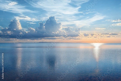 Calm serene ocean reflecting large fluffy clouds and soft sunlight during a peaceful late afternoon