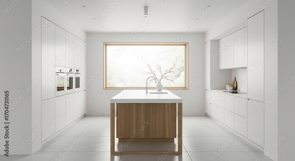 Fototapeta premium Modern White Kitchen Island with Large Window.