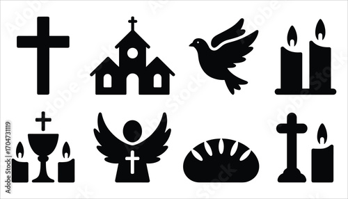 Christian Symbols Vector Set Cross, Church, Dove, Candle, Angel and Bread Icons