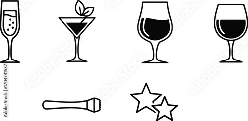 Cocktail drinks and bar equipment line art design