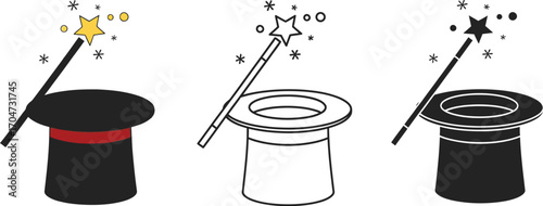 Magician hat and wand vector illustration set