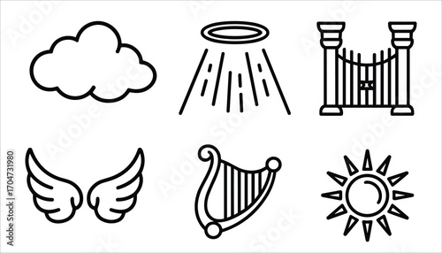 Heaven Icons Vector Set Cloud, Halo, Angel Wings, Harp and Gates Illustration