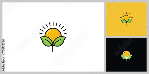 Sun with Leaf Icon Vector - Eco Energy and Nature Concept