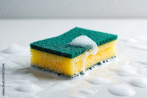 A green and yellow sponge with soap bubbles on a white surface.