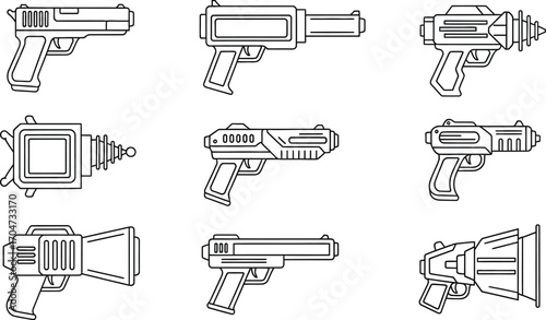 Futuristic weapons ray gun vector outline set art