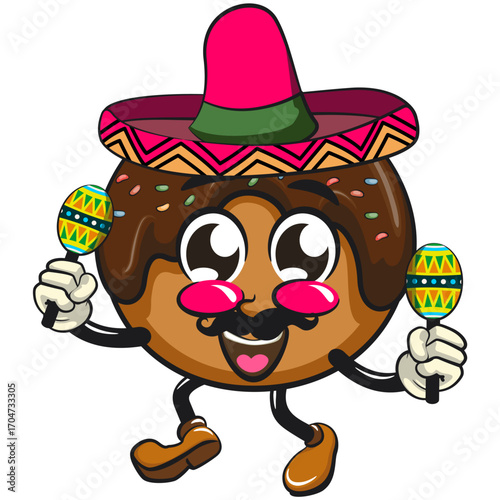 cute chocolate ball mascot character vector illustration mustache and wears a sombrero and plays with maracas, work of hand drawn