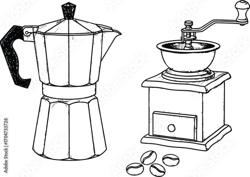 Moka pot and grinder coffee preparation drawing