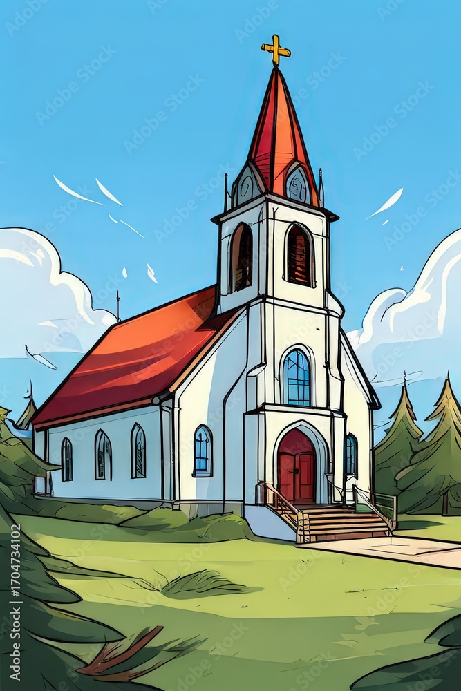 Naklejka premium an AI Image Generator, Illustration of a Church with Red Roof in a Forest Setting