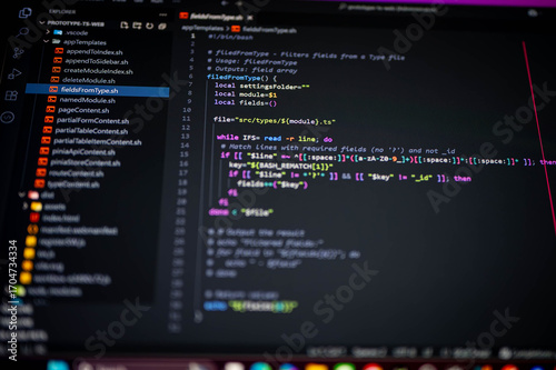 Cuadro en lienzo Close-up of colorful Bash shell script code on screen showing fieldsFromType
