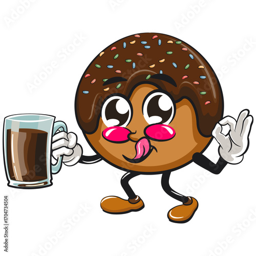 cute chocolate ball mascot character vector illustration carrying a large glass of chocolate, work of hand drawn