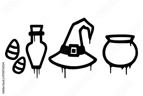 Spooky Halloween set with witch hat, potion and cauldron, design for fun and holidays