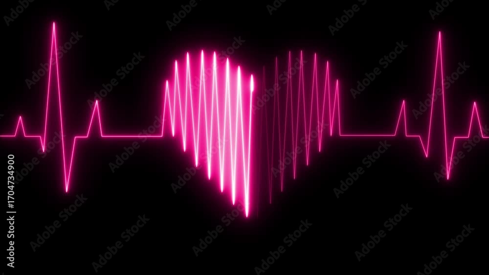 Neon pink heart shape pulsing on electrocardiogram line against black background love pulse