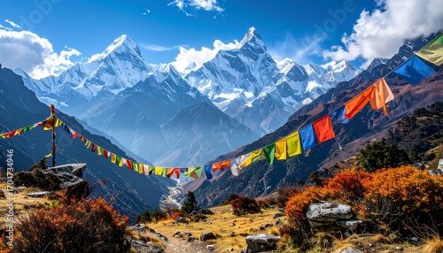 Vibrant prayer flags adorn a Himalayan mountain trail.