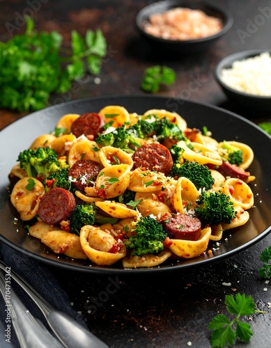 Pasta dish with chorizo and broccoli