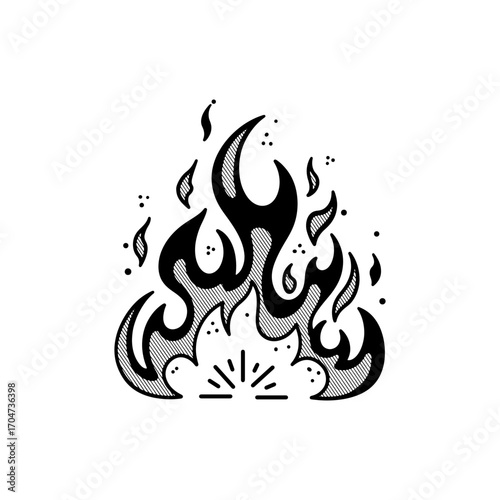 Black and white doodle flame fire illustration with decorative abstract elements