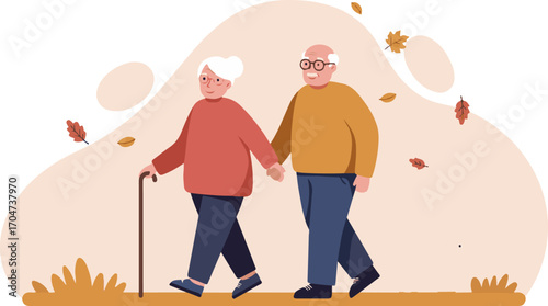 Happy elderly couple walking hand in hand during a morning stroll in the park, symbolizing love, togetherness, and healthy aging