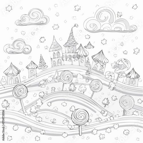 Candy background. Cartoon sweet land. Beads of jelly, ice cream and caramel. Chocolate. Cute childrens fairy landscape. Isolated fantastic illustration. Vector