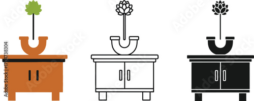 Three stylized illustrations of a cabinet with a plant in a vase, showcasing different design styles.