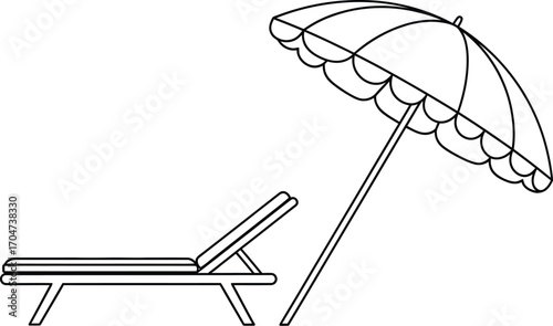 Relaxing beach chair with umbrella under bright sun, perfect for vacation.
