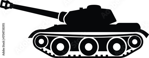 Bold black silhouette of a powerful military tank with a long barrel and tracks.